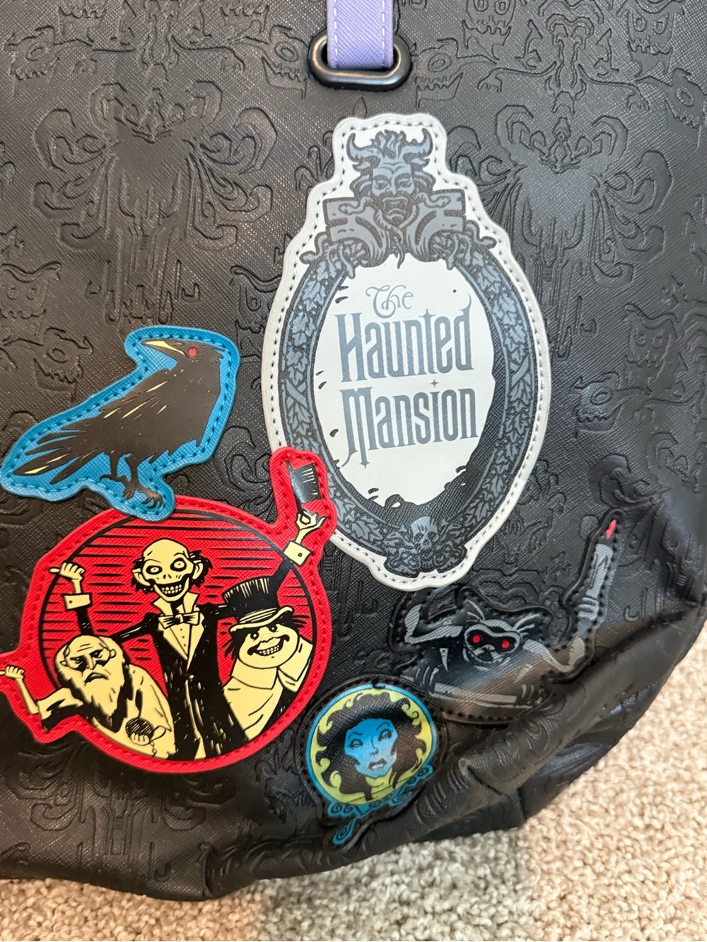 Disney Haunted Mansion Black Embossed Loungefly Backpack with Light Purple Trim - Picture 2 of 5